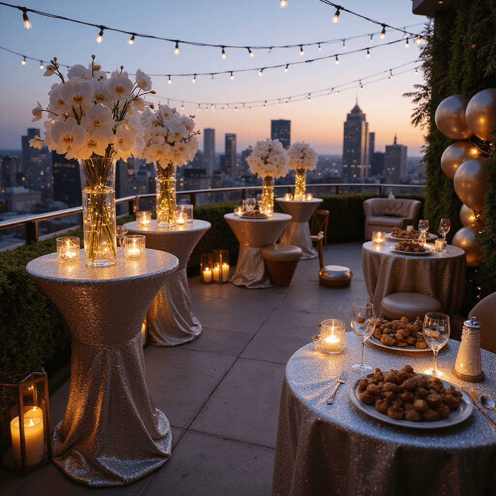 Wedding Invitation Ideas for 2025: Your Ultimate Guide to Setting the Perfect Tone An elegant New Year's Eve rooftop soirée featuring high-top tables with silver sequin linens, tall glass vases of white orchids, a champagne tower, gourmet hors d'oeuvres, and string lights, all set against a chic urban skyline at dusk.