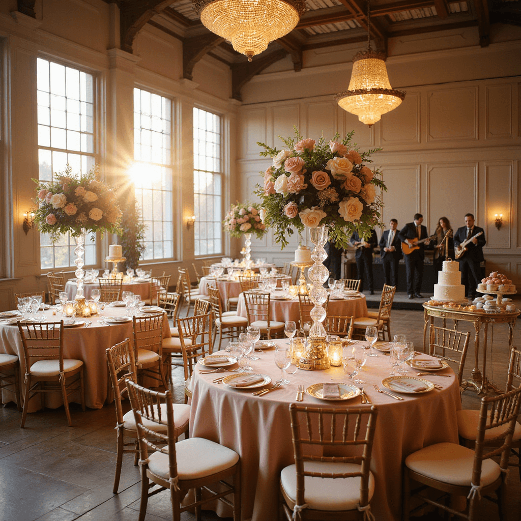 Unforgettable Wedding Reception Ideas: Your Ultimate Guide to a Jaw-Dropping Celebration A grand ballroom wedding reception with blush pink silk-draped tables, towering floral centerpieces, crystal chandeliers, and a live jazz band, all bathed in golden hour light.