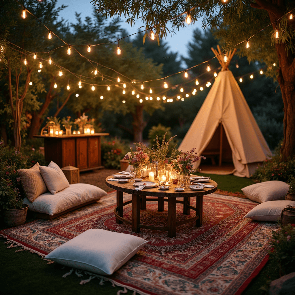 Unforgettable Wedding Reception Ideas: Your Ultimate Guide to a Jaw-Dropping Celebration An enchanting boho chic wedding reception in a lush garden at twilight, featuring mismatched vintage rugs, cozy seating areas with low tables and plush cushions, illuminated by strings of fairy lights and lanterns, adorned with macramé runners, brass candleholders, and wildflower arrangements in eclectic vases, with a rustic wooden bar serving craft cocktails and a teepee for tarot reading.