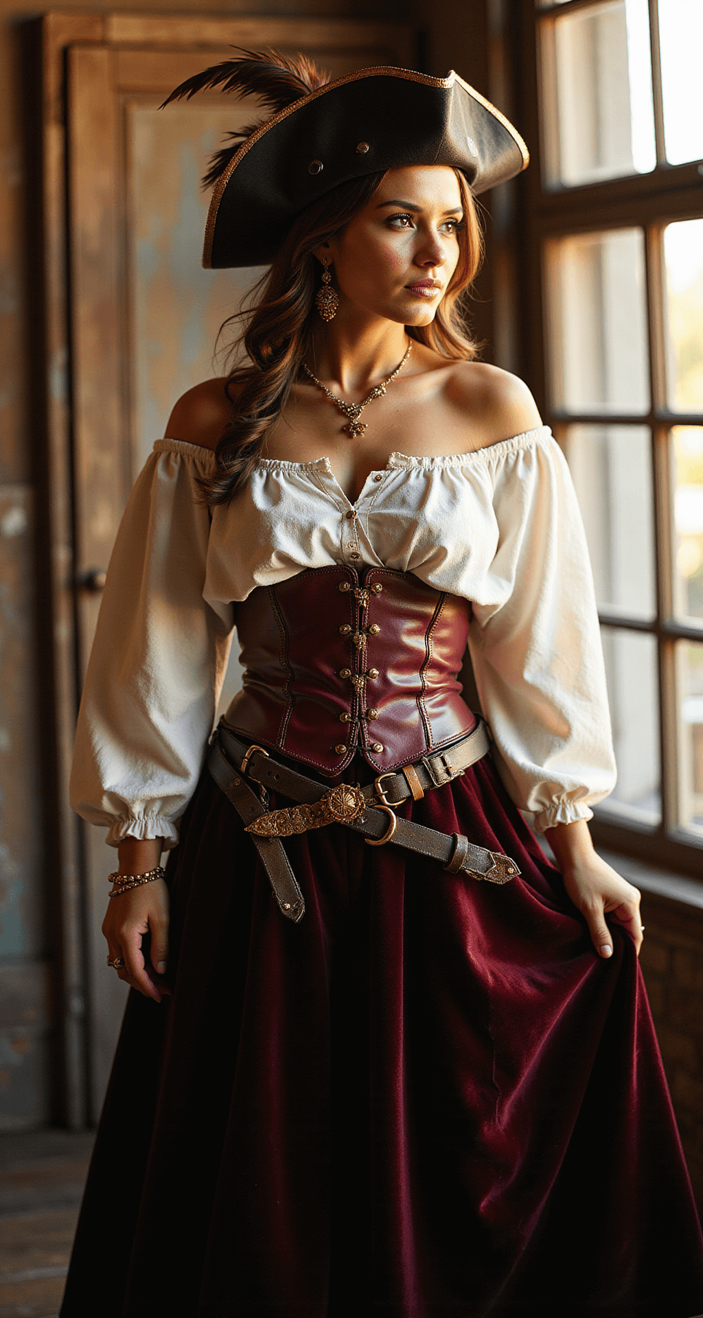 The Ultimate Guide to Rocking a Pirate Halloween Costume (No Drama, All Fun!) A fashionable woman poses in a sunlit dressing room, wearing a white peasant blouse, burgundy leather corset, and dark velvet maxi skirt, against a weathered wood backdrop. Golden hour light illuminates her antique gold jewelry and a detailed captain's hat with a feather plume, as ornate belts with vintage brass buckles accentuate her waist. The wide-angle shot captures the intricate costume details and romantic ambiance.