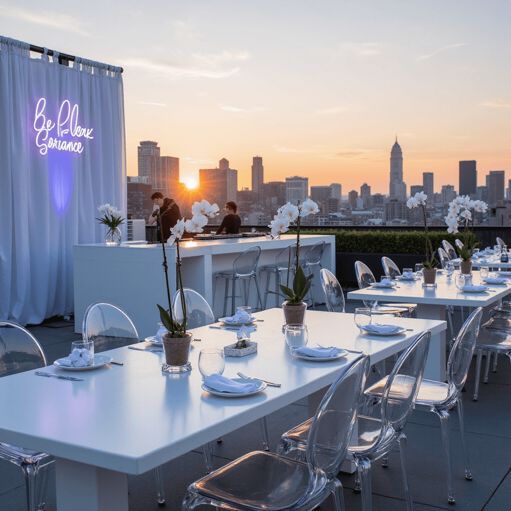 Unforgettable Wedding Reception Ideas: Your Ultimate Guide to a Jaw-Dropping Celebration A modern minimalist rooftop reception at sunset, featuring sleek white tables with statement orchids, ghost chairs, lucite place cards, sheer drapery, a neon sign bar, and a DJ booth, all set against a city skyline.