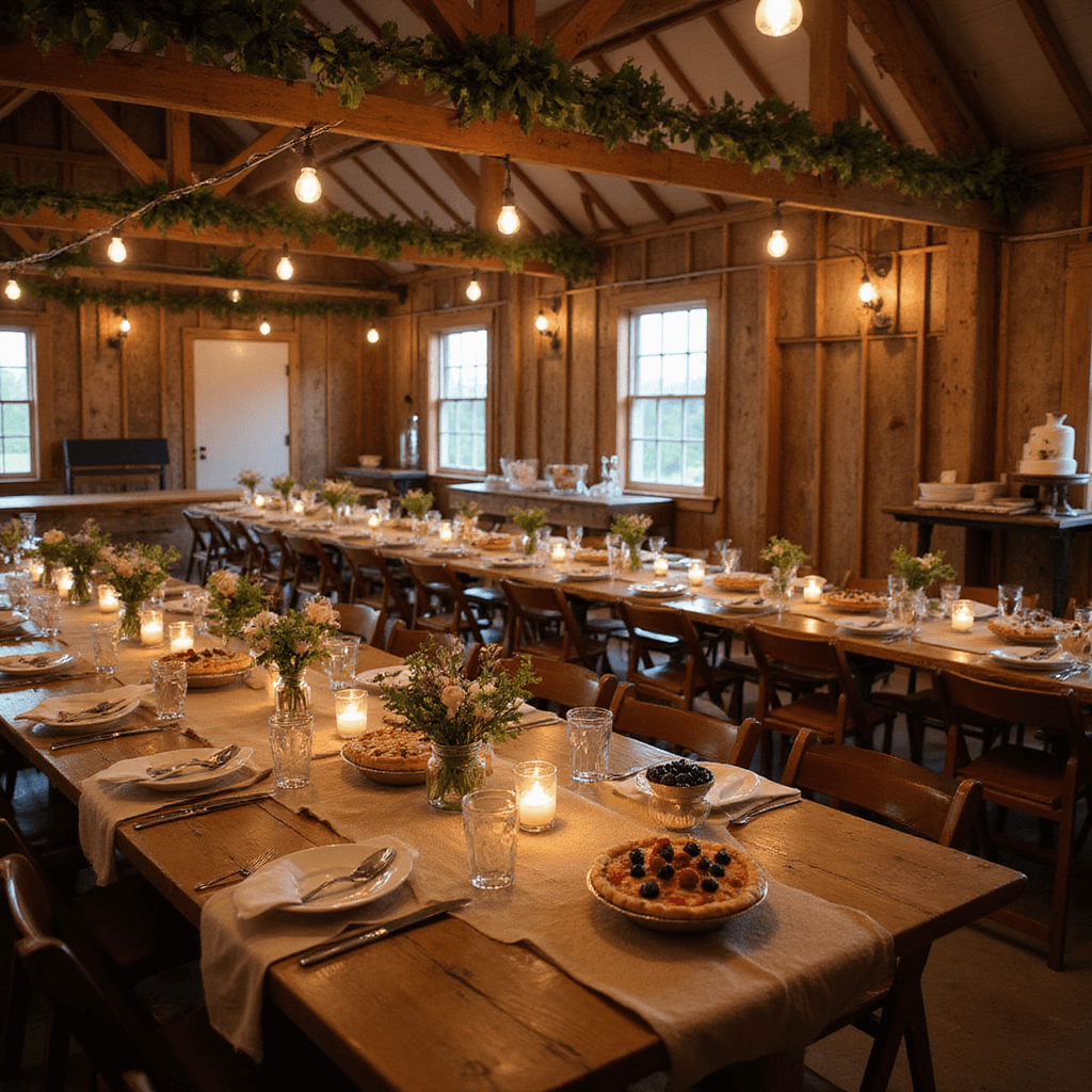 Unforgettable Wedding Reception Ideas: Your Ultimate Guide to a Jaw-Dropping Celebration A warm and cozy rustic barn wedding reception featuring wooden farm tables with burlap runners, mason jar wildflower centerpieces, vintage china, and overhead greenery with Edison bulbs, complemented by a dessert table of pies and a naked berry cake, alongside a polaroid guest book station.