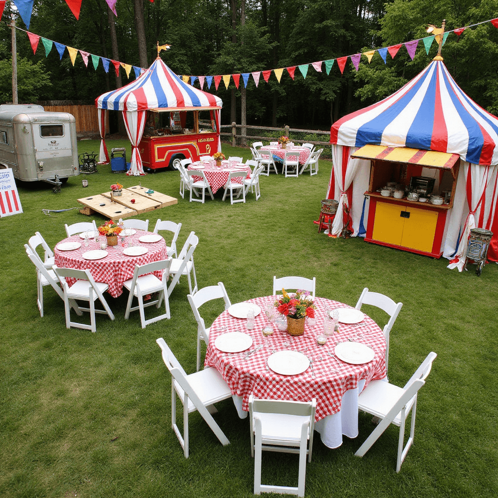 Unforgettable Wedding Reception Ideas: Your Ultimate Guide to a Jaw-Dropping Celebration Aerial view of a vibrant backyard carnival-themed wedding reception with striped tents, food truck stations, lawn games, a cotton candy cart, red and white gingham tables, and colorful pennant flags overhead.