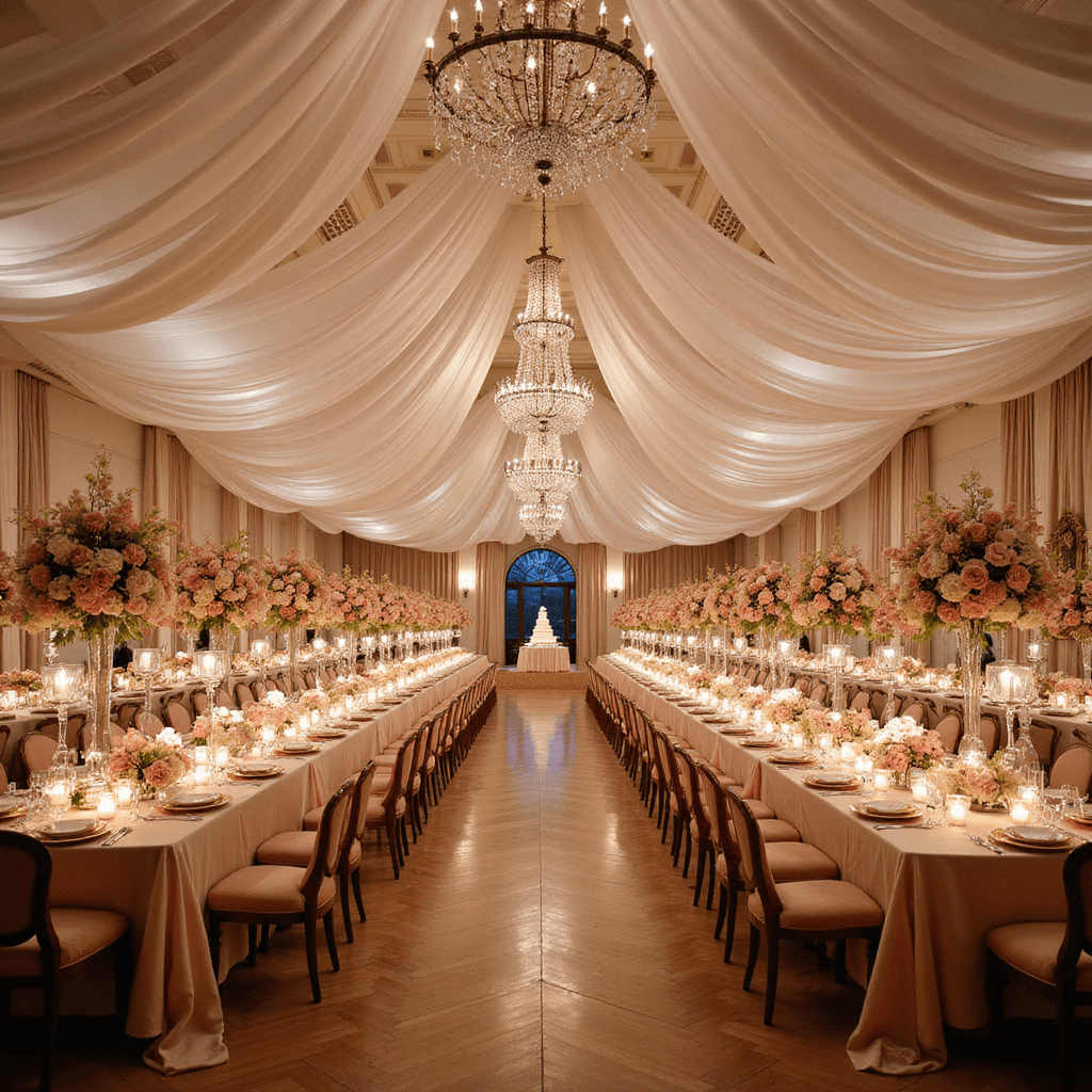 Wedding Ideas: Creative Inspiration for Your Dream Celebration A grand ballroom elegantly decorated for a wedding reception, featuring sheer white drapes, long blush silk tables with floral centerpieces, hundreds of floating candles, a decadent dessert table, and vintage lounge areas, all creating a warm and romantic ambiance.