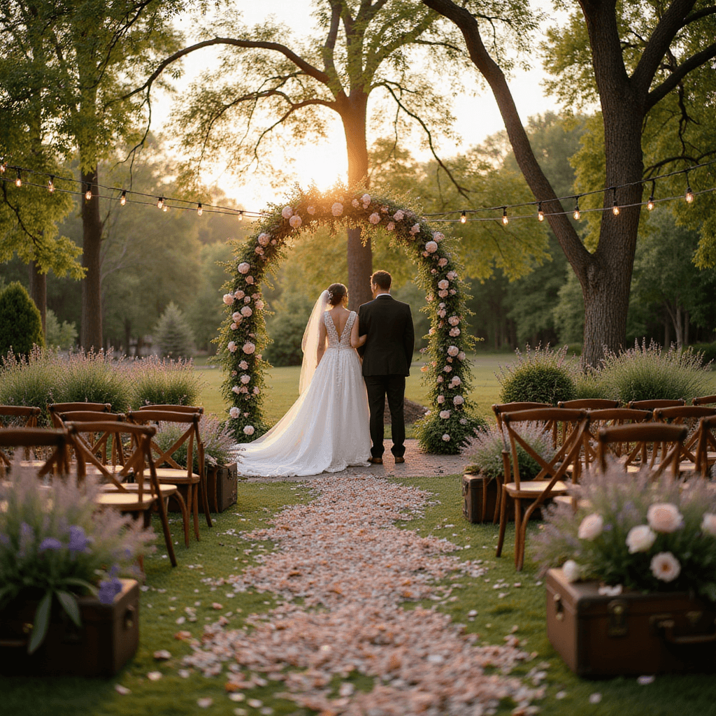 Wedding Ideas: Creative Inspiration for Your Dream Celebration An intimate enchanted garden wedding ceremony at golden hour, featuring a flower-adorned arch, wooden chairs lined with fresh lavender, a natural aisle of rose petals, and vintage suitcases filled with wildflowers, all under twinkling string lights, capturing the dreamy glow on the bride's lace gown and groom's tailored suit.