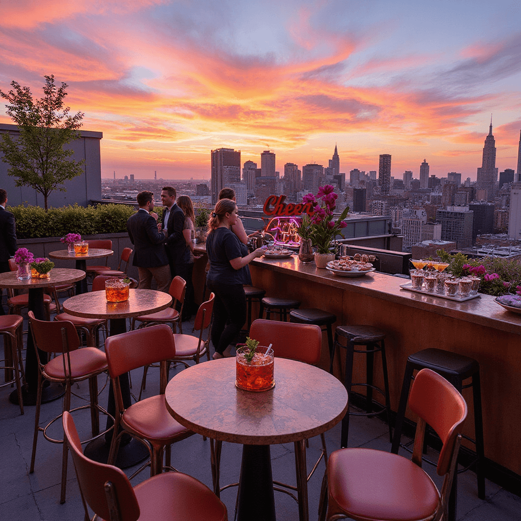 Wedding Ideas: Creative Inspiration for Your Dream Celebration A vibrant rooftop cocktail party in NYC at sunset, featuring high-top tables with geometric floral arrangements, a neon 'Cheers to 30!' sign, servers with colorful cocktails, and guests mingling around a stylish copper-accented bar.