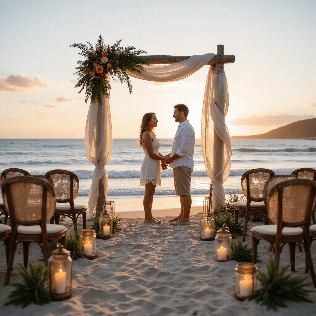 Wedding Ideas: Creative Inspiration for Your Dream Celebration An intimate beachfront vow renewal at sunrise with a wooden arch draped in white fabric and tropical flowers, mismatched vintage chairs in a semicircle, flickering lanterns lining the sandy aisle, and a couple standing barefoot in the surf, surrounded by lace parasols and woven blankets.