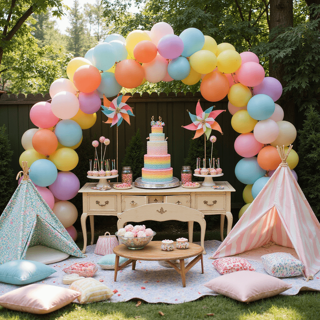 Wedding Ideas: Creative Inspiration for Your Dream Celebration Aerial view of a lively children's birthday party in a sunlit backyard, featuring a vibrant balloon arch, a dessert table with a rainbow cake, cake pops, and candy jars, along with cozy picnic areas with teepee tents, a vintage ice cream cart, and colorful decorations like pinwheels and lanterns.