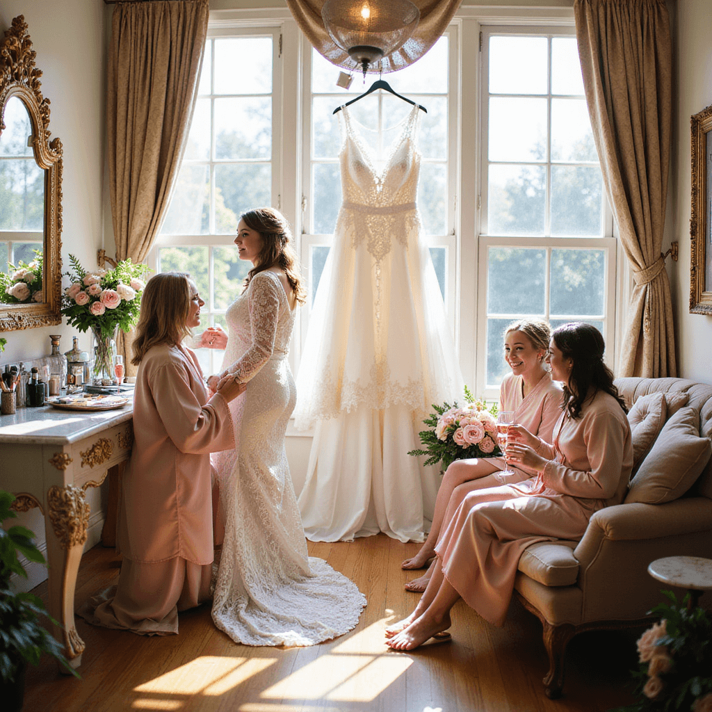 Unforgettable Wedding Photo Ideas That Will Make Your Day Magical A sunlit bridal suite in a historic mansion features a bride at an ornate vanity with her ivory lace gown nearby, surrounded by laughing bridesmaids in blush silk robes on a velvet chaise lounge, with champagne flutes and fresh pastel bouquets adding color to the scene.