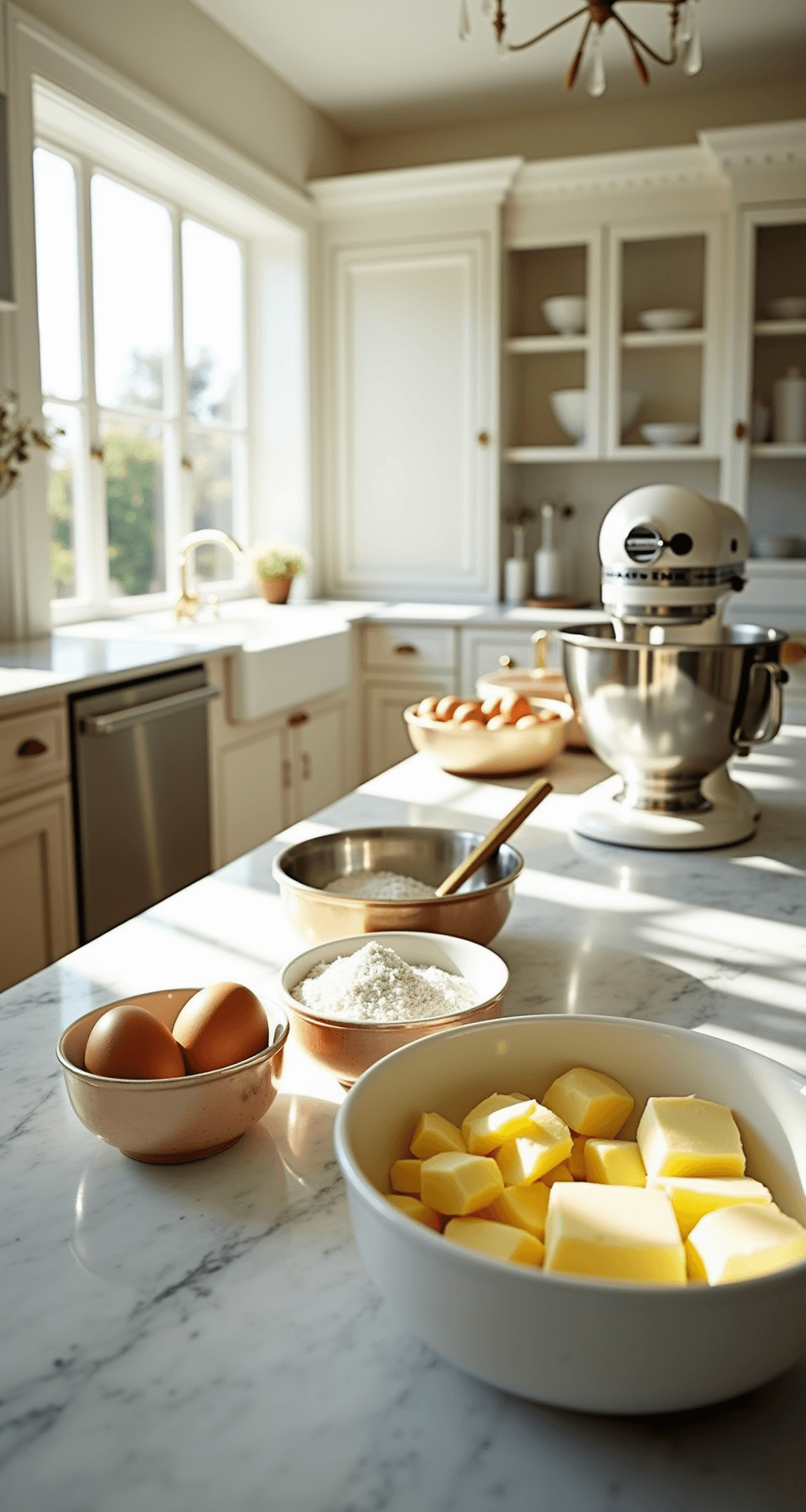 GOLDEN WEDDING ANNIVERSARY CAKE A bright, sunlit professional kitchen with organized ingredients for a wedding cake, including butter, eggs, and flour in metal bowls, alongside golden measuring tools and a vintage mixer on marble countertops, all bathed in natural light.