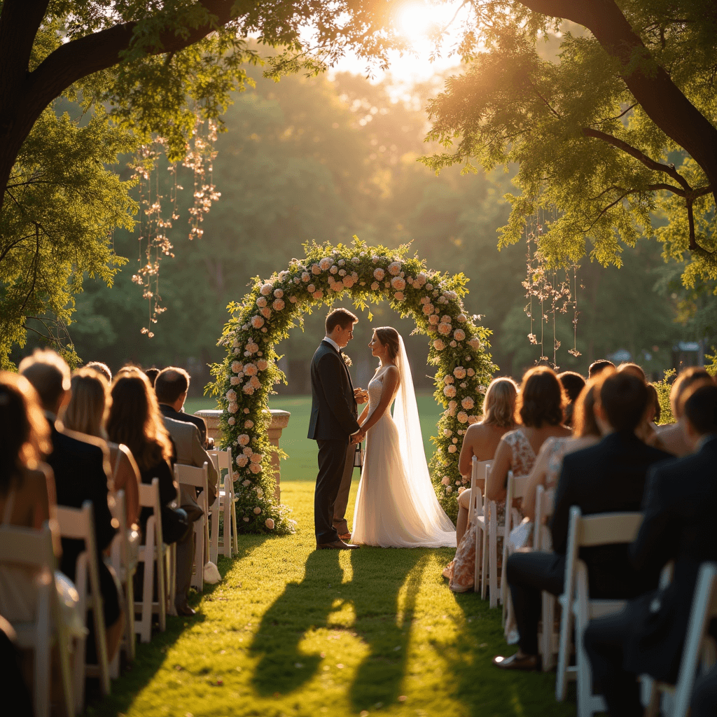 Unforgettable Wedding Photo Ideas That Will Make Your Day Magical An outdoor wedding ceremony in a lush garden during golden hour, with a flower-adorned arch framing the couple exchanging vows, surrounded by emotional guests seated in white wooden chairs. Delicate fairy lights and lanterns hang from trees, while the bride's flowing gown sways in a gentle breeze as the groom tenderly holds her hands, captured from a slight elevation.