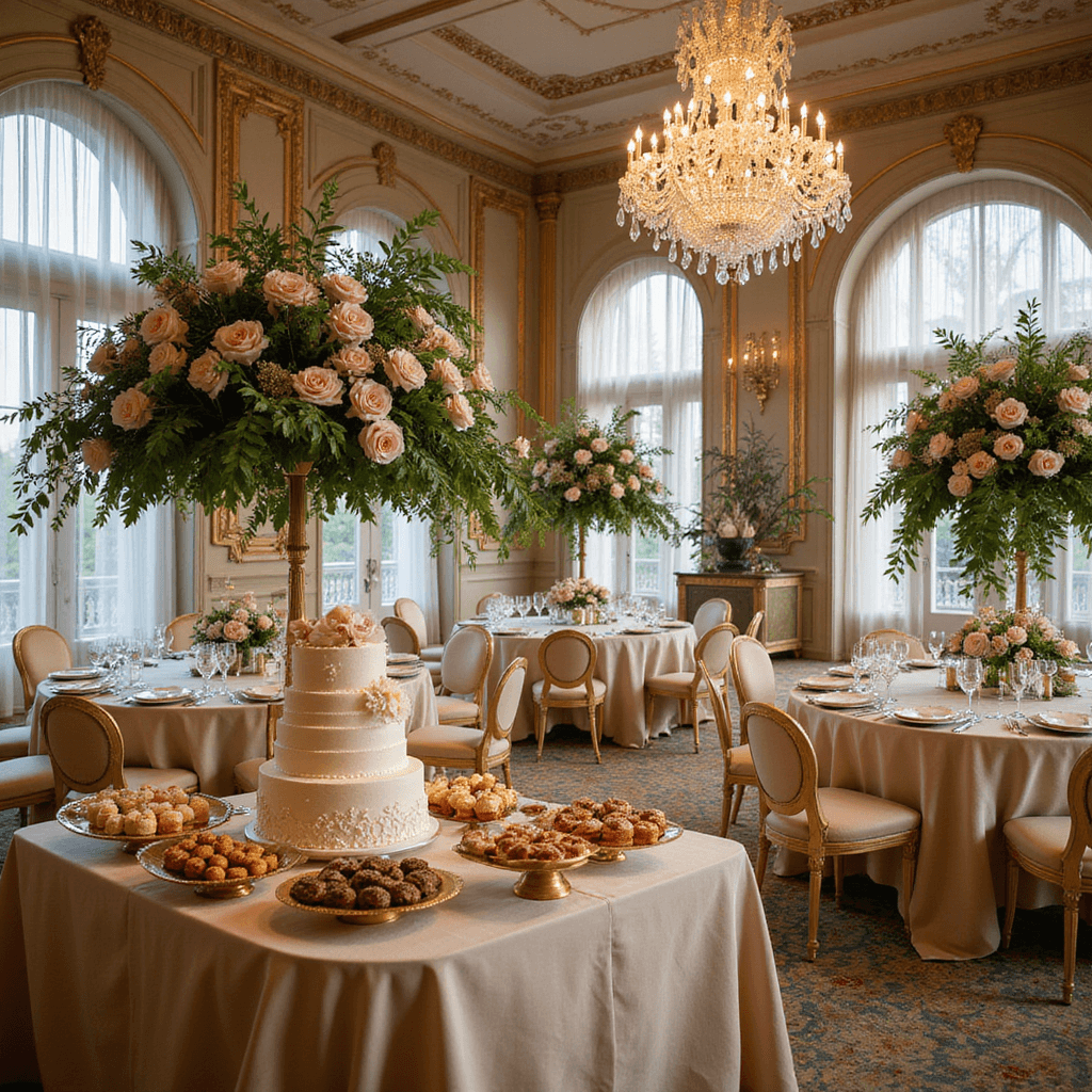 Unforgettable Wedding Photo Ideas That Will Make Your Day Magical A grand ballroom reception transformed into a whimsical wonderland, featuring crystal chandeliers, champagne silk linens, towering floral centerpieces, ornate architecture, a lavish dessert table with a tiered wedding cake, and twinkling fairy lights.