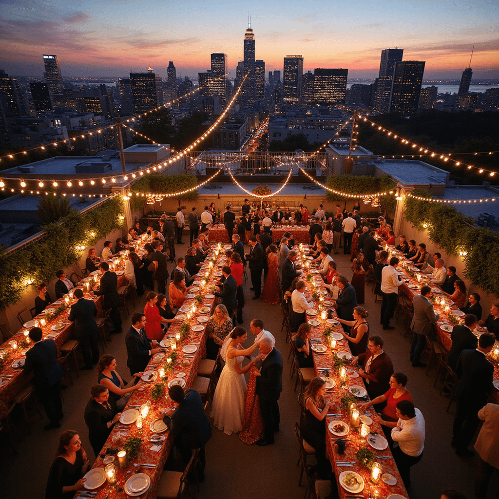 Unforgettable Wedding Photo Ideas That Will Make Your Day Magical A vibrant rooftop wedding celebration at twilight, featuring string lights, long tables with patterned runners, guests in colorful attire, a central dance floor with newlyweds dancing, and food stations with global cuisines, all against a twinkling city skyline.