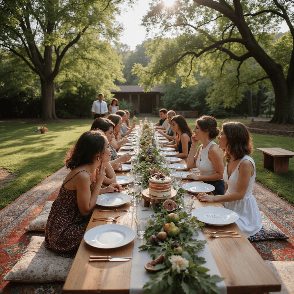 Unforgettable Wedding Photo Ideas That Will Make Your Day Magical An intimate midday micro-wedding in a backyard, featuring a long farm table with greenery and wildflowers, handmade ceramic plates and copper flatware, as guests enjoy the celebration under dappled sunlight filtering through oak trees. The newlyweds are cutting a small naked cake decorated with figs and berries, while cozy lounge areas with vintage rugs and floor cushions are nearby.