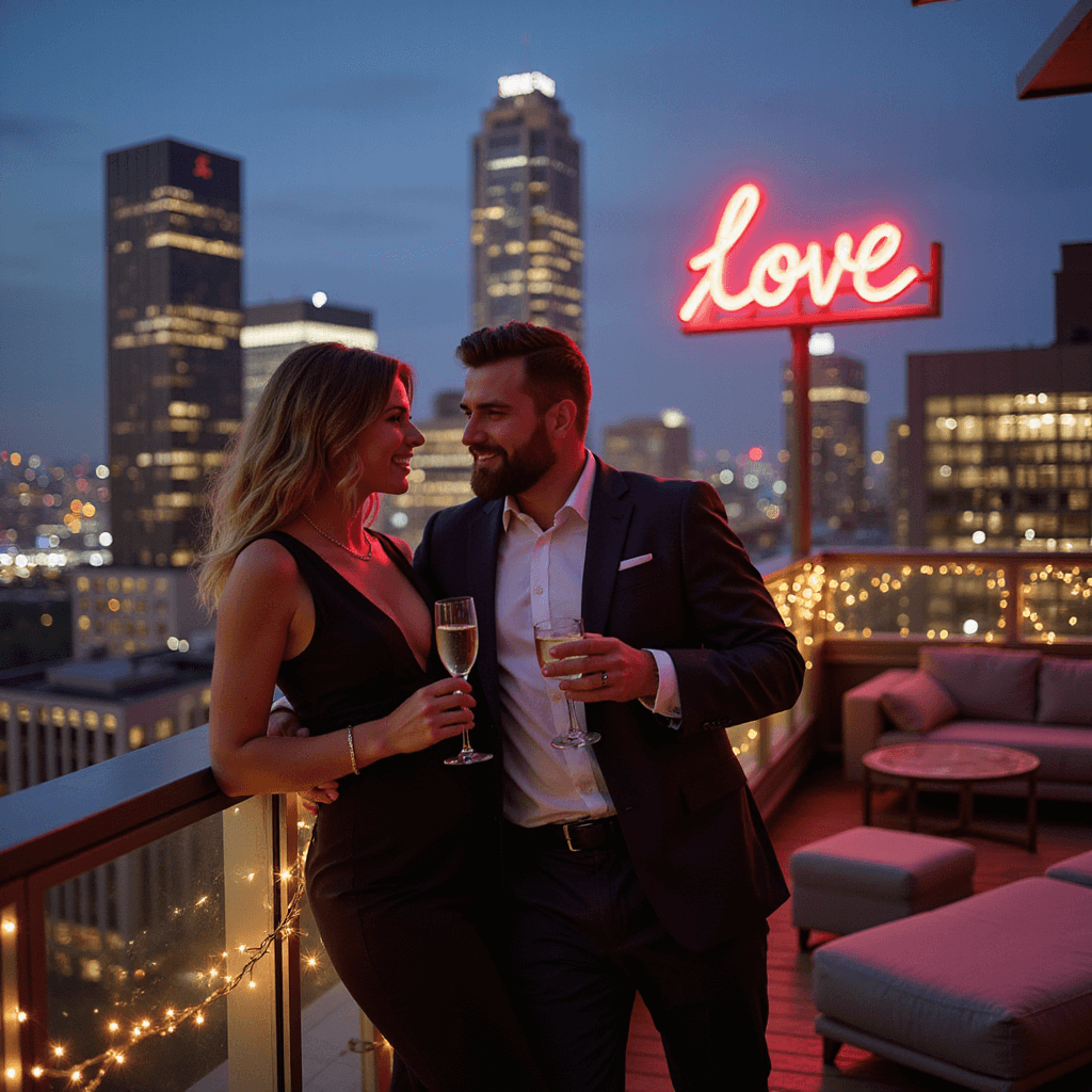 Capturing Love: Incredible Pre-Wedding Shoot Ideas That Tell Your Unique Story A stylish couple in a sleek cocktail dress and tailored suit lean against a glass railing on an urban rooftop at twilight, holding champagne flutes. Twinkling city lights, iconic skyscrapers, fairy lights, and modern lounge furniture create an intimate atmosphere. A neon sign reading 'Love' casts a warm glow on their faces as they share a laugh, captured from a slightly elevated angle.