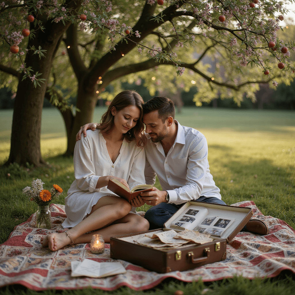Capturing Love: Incredible Pre-Wedding Shoot Ideas That Tell Your Unique Story A couple sits on a patchwork quilt under an apple tree, surrounded by wildflowers in Mason jars, with a vintage suitcase full of love letters. They are looking through a photo album, bathed in warm afternoon light and adorned with fairy lights above.