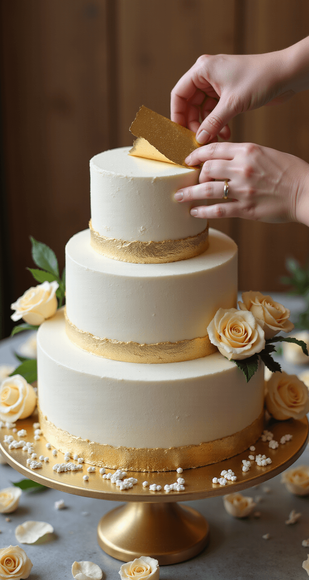 GOLDEN WEDDING ANNIVERSARY CAKE Close-up of hands applying edible gold leaf to a three-tier white cake on a golden stand, surrounded by sugar pearls and cream-colored fondant roses, under warm studio lighting.
