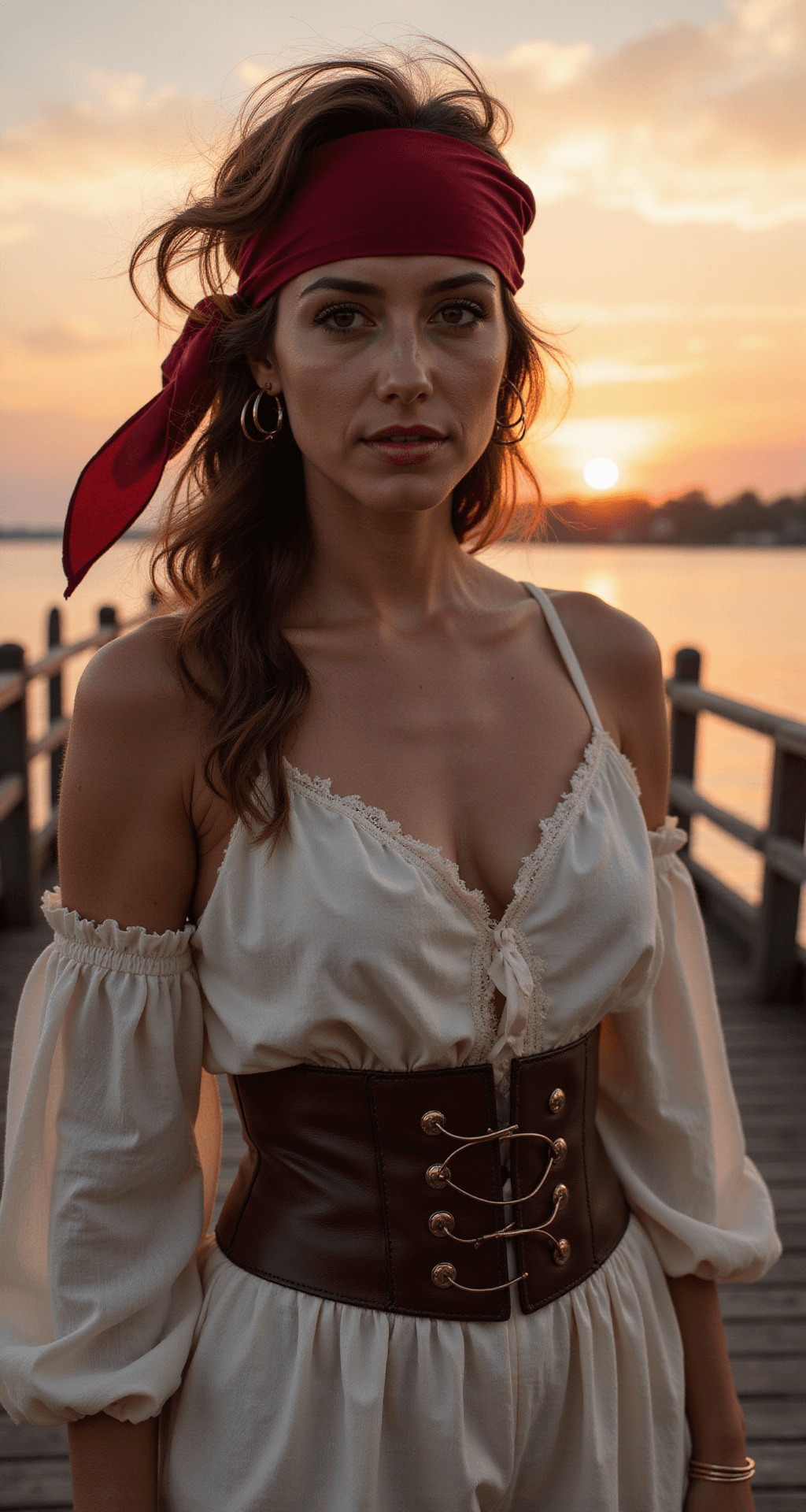 The Ultimate Guide to Rocking a Pirate Halloween Costume (No Drama, All Fun!) Portrait of a female pirate at a rustic wooden pier during sunset, dressed in cream silk and white cotton layered garments cinched with a brown leather corset. Her wind-tousled hair, adorned with a ruby red bandana, and gold hoop earrings catch the warm light as she is silhouetted against a pink-orange sky.