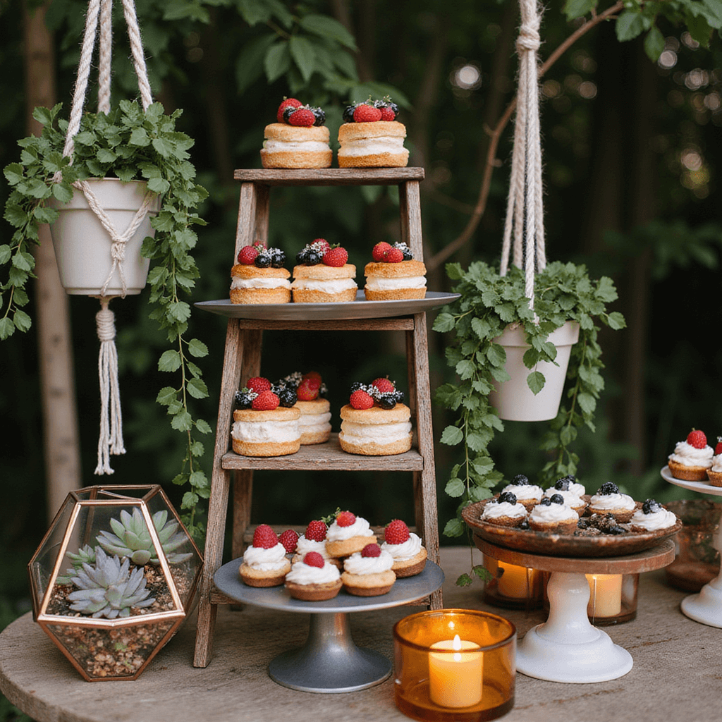 Intimate Weddings: Your Ultimate Guide to Creating a Magical, Memorable Celebration Whimsical dessert display at a boho micro-wedding featuring a vintage ladder as a cake stand with mini naked cakes topped with berries and flowers, surrounded by mismatched cake stands of petite desserts, macramé plant hangers with ivy, copper geometric terrariums with succulents, and warm candlelight in amber glass votives.