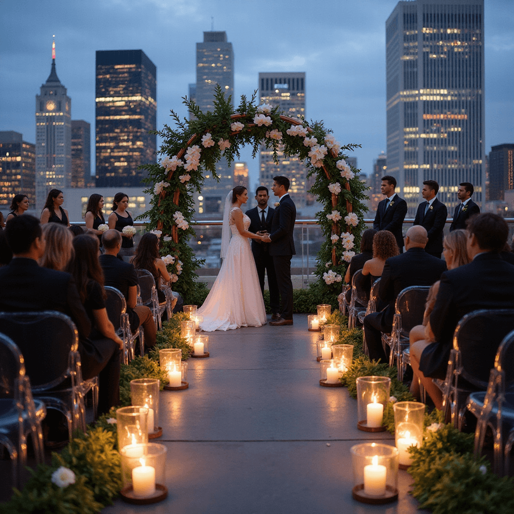 Intimate Weddings: Your Ultimate Guide to Creating a Magical, Memorable Celebration Twilight rooftop wedding ceremony with city skyline in the background, featuring guests in clear ghost chairs, an asymmetrical floral installation, oversized glass lanterns lining the aisle, and a modern arch of copper piping with cascading orchids.
