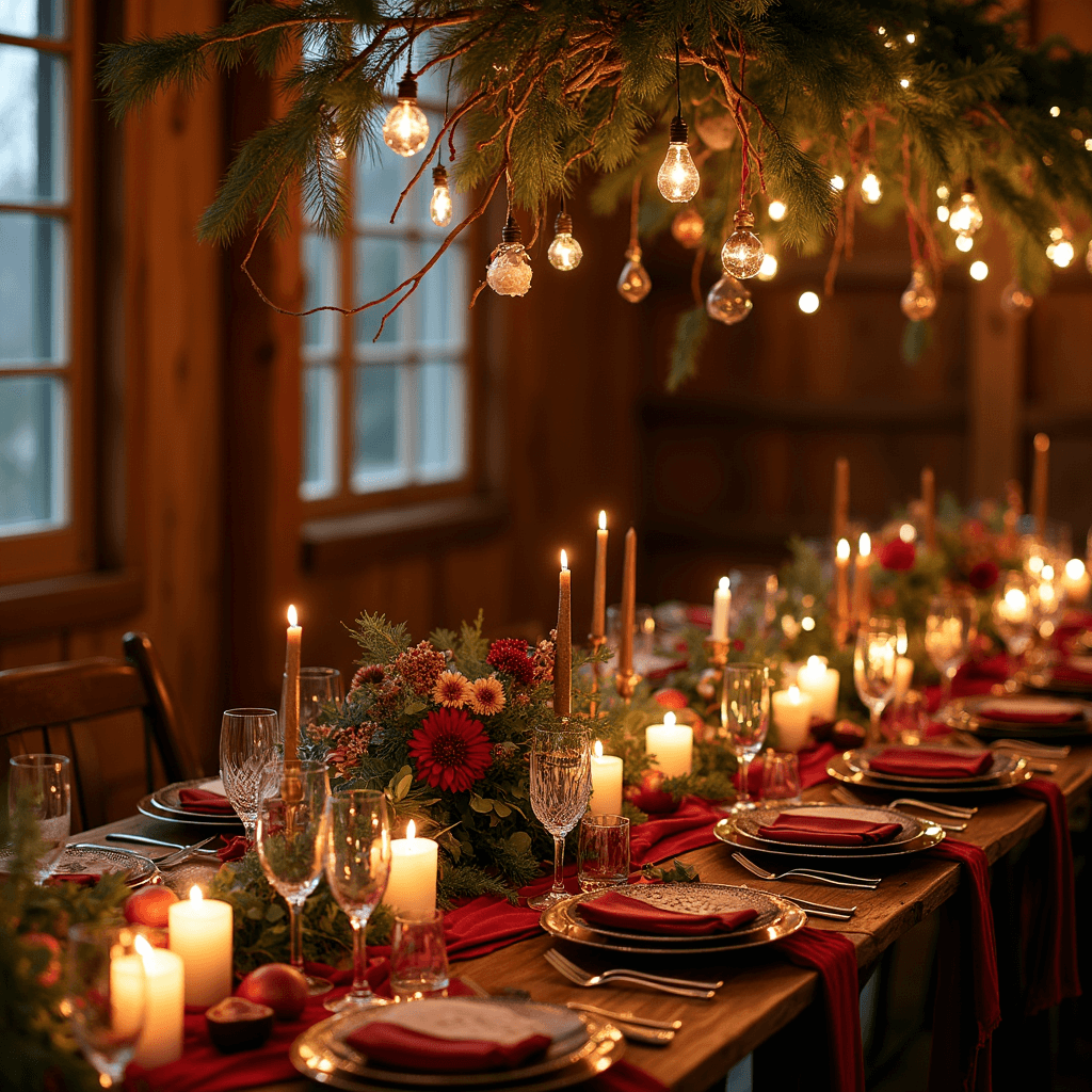 Intimate Weddings: Your Ultimate Guide to Creating a Magical, Memorable Celebration Cozy winter micro-wedding tablescape in a rustic barn, featuring warm candlelight, rich velvet linens, vintage cut-crystal goblets, gold-rimmed china, and lush garlands of pine, eucalyptus, and burgundy dahlias, with pomegranates and figs. Above, branches with fairy lights and glass baubles create a magical canopy.