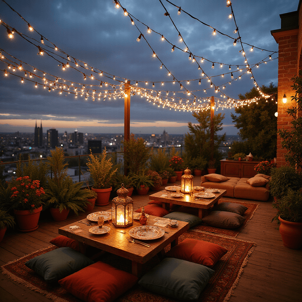 Top Wedding Gift Ideas for 2025: The Ultimate Guide to Memorable Presents A cozy rooftop terrace at twilight adorned with fairy lights, low tables, plush cushions, Moroccan lanterns, and vibrant florals, offering a stunning city skyline view.