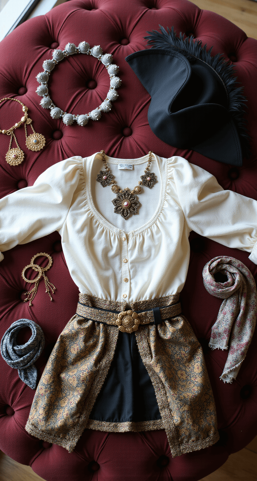 The Ultimate Guide to Rocking a Pirate Halloween Costume (No Drama, All Fun!) Overhead shot of a plush velvet ottoman featuring an elaborate pirate costume, including a white ruffled blouse, ornate jewelry, beaded belts, an embroidered vest, patterned silk scarves, and a black feathered tricorn hat, all illuminated by soft natural window light.