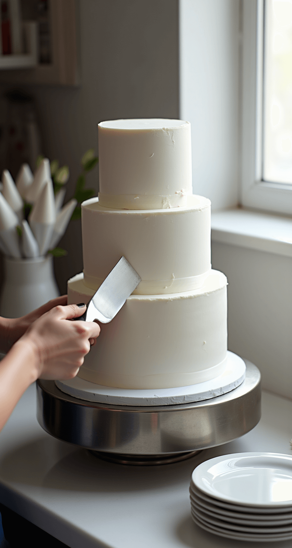 WEDDING CAKE WITH FLOWERS: ELEGANT FLORAL MASTERPIECE Close-up of a three-tiered white wedding cake being assembled, with a baker applying pearl-white buttercream on a metallic turntable, bathed in soft natural light.
