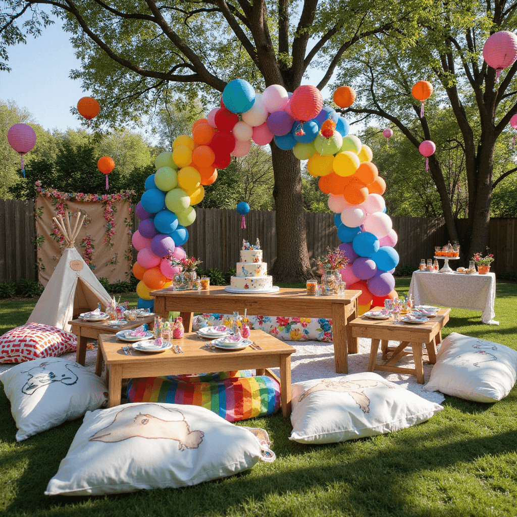 Top Wedding Gift Ideas for 2025: The Ultimate Guide to Memorable Presents Whimsical children's birthday party in a sun-drenched backyard featuring a colorful balloon arch, picnic area with low tables and playful place settings, a hand-painted teepee reading nook surrounded by oversized cushion woodland creatures, a dessert station with a tiered cake and jars of candies, and paper lanterns hanging from tree branches, all captured from a slightly elevated angle.