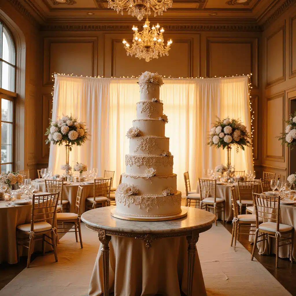 Stunning Wedding Cake Ideas for 2025: Your Ultimate Guide to Sweet Perfection A grand ballroom illuminated by golden hour light, featuring a towering 7-tier wedding cake adorned with white sugar flowers and gold edges, set on a marble-topped dessert cart. Surrounding round tables are draped in champagne silk linens with crystal candelabras and blush and ivory floral centerpieces, accented by ornate gold Chiavari chairs and a twinkling sheer drapery backdrop.