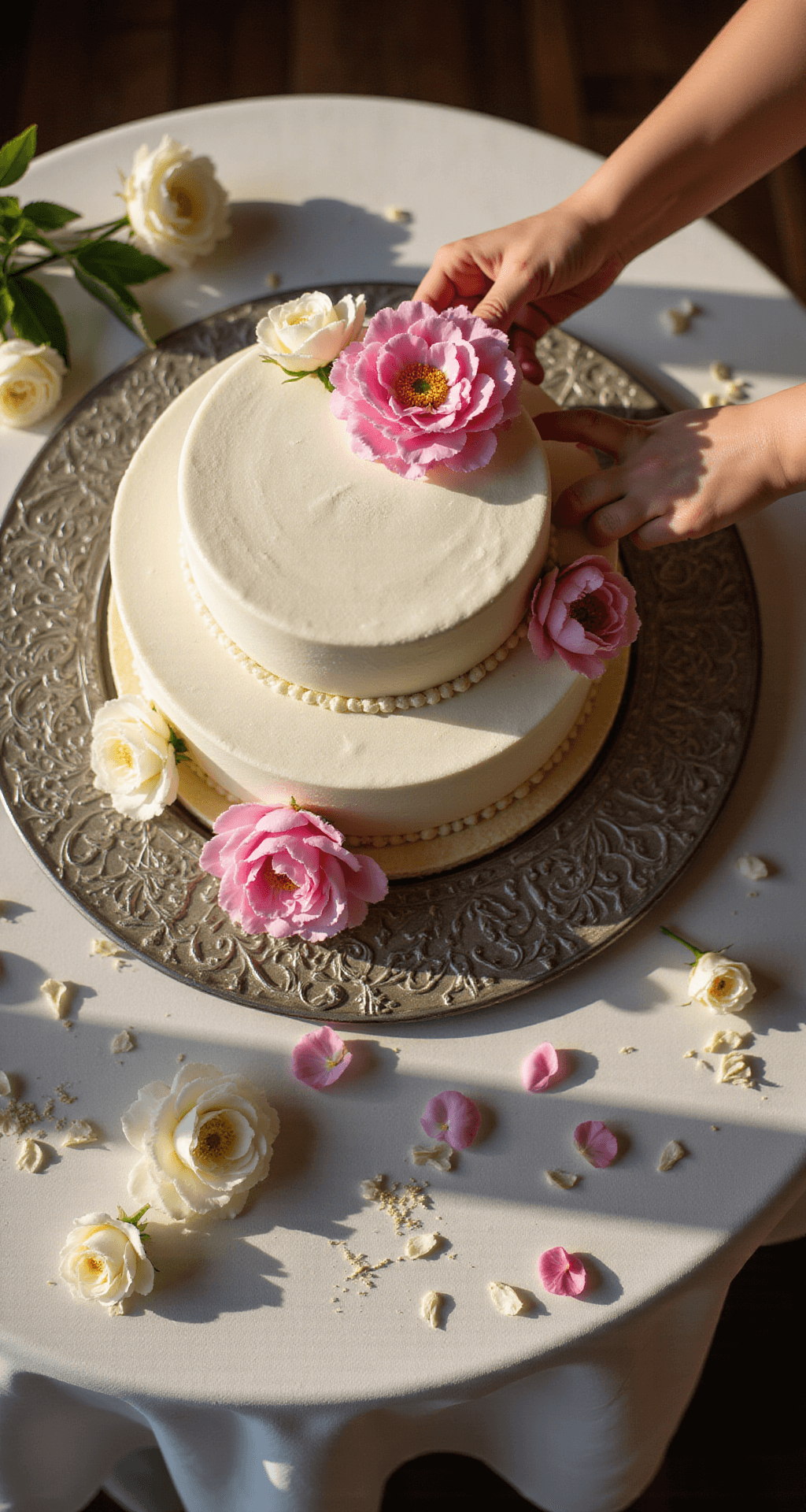 WEDDING CAKE WITH FLOWERS: ELEGANT FLORAL MASTERPIECE Dramatic overhead shot of a three-tiered white wedding cake on a silver stand, surrounded by fresh pink peonies, cream roses, and white hydrangeas, with golden afternoon light casting gentle shadows, capturing the final decoration moment before a pink peony is placed.