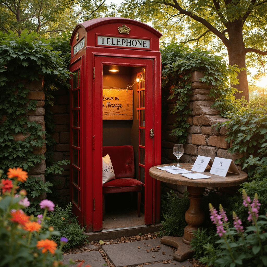 Unique Wedding Guest Book Ideas: Capturing Memories Beyond Signatures A vintage red telephone booth transformed into a romantic recording booth, nestled in a secluded garden nook illuminated by golden hour sunlight, surrounded by fairy lights, plush velvet seating, and a rustic wooden table with heartfelt prompt cards among colorful wildflowers and ivy-covered stone walls.