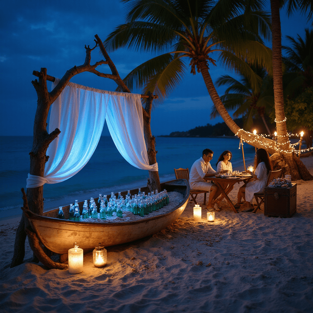 Unique Wedding Guest Book Ideas: Capturing Memories Beyond Signatures A dreamy moonlit beach scene featuring a driftwood arch draped with white fabric, an antique rowboat filled with glass bottles, guests writing on parchment at a weathered table, and tiki torches illuminating a path to the water's edge, all under twinkling fairy lights.