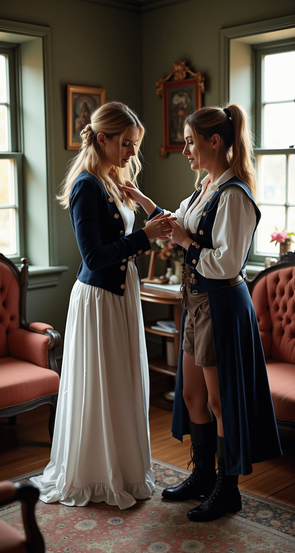 The Ultimate Guide to Rocking a Pirate Halloween Costume (No Drama, All Fun!) Two women in a cozy living room help each other style pirate costumes, one in a navy coat with gold buttons and the other in a flowing white dress with leather accents, illuminated by natural light that enhances the vintage decor around them.