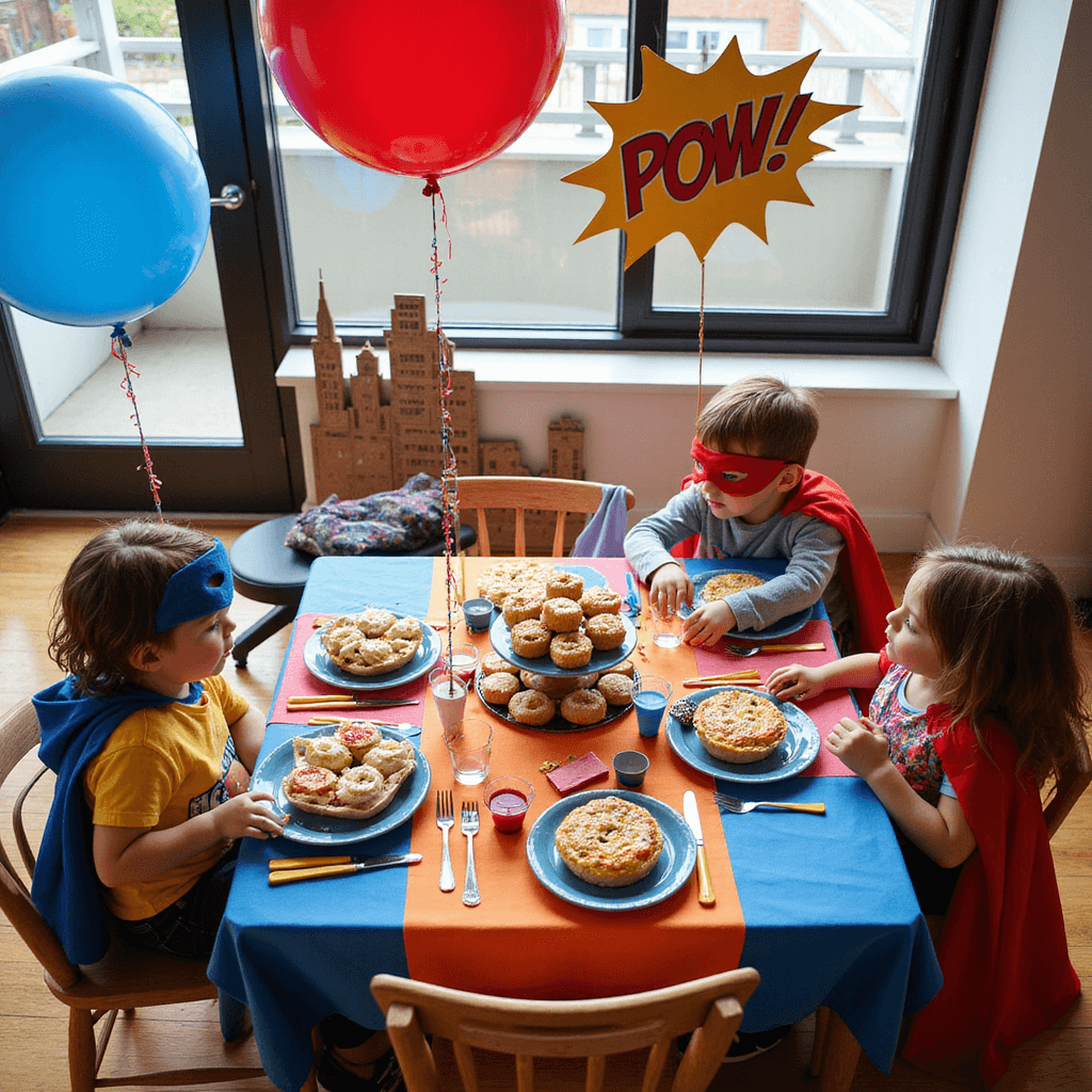 Magical Toddler Tea Party Birthday: Your Ultimate Celebration Guide A colorful dining nook transformed into a superhero-themed tea party for toddlers, featuring a bright table with comic book-inspired decor, snacks arranged to spell 'POW!', and kids in capes enjoying the sunny space.
