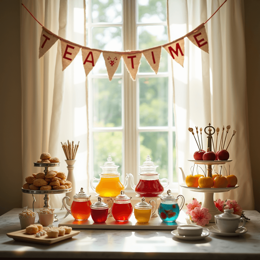 Magical Toddler Tea Party Birthday: Your Ultimate Celebration Guide A cozy indoor tea party setup with a marble countertop displaying colorful teapots filled with fruit juices, sugar cubes, and cookie stirrers. Soft curtains filter light, and a 'TEA TIME' bunting hangs above. A nearby activity station features crown decorating supplies, captured in a close-up highlighting the textures of the glassware and whimsical decor.