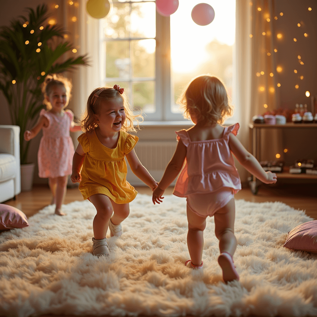 Magical Toddler Tea Party Birthday: Your Ultimate Celebration Guide A whimsical tea party scene in a beautifully decorated living room at dusk, with toddlers playing a sugar cube relay on a plush cream rug surrounded by fairy lights and pastel balloons, while a dessert cart brims with mini muffins and brownies.
