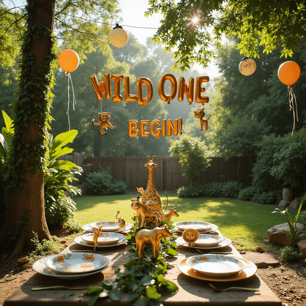 Wild One: The Ultimate First Birthday Bash for Little Explorers A vibrant backyard transformed into a whimsical jungle playground for a 'Wild One' first birthday party, featuring animal-shaped balloons, 3D jungle decorations, and a 'Let the Adventure Begin!' balloon sign. A beautifully decorated table with gold safari animal figurines, themed plates, and ivy leaf garlands, all illuminated by soft, dappled sunlight through tree branches.