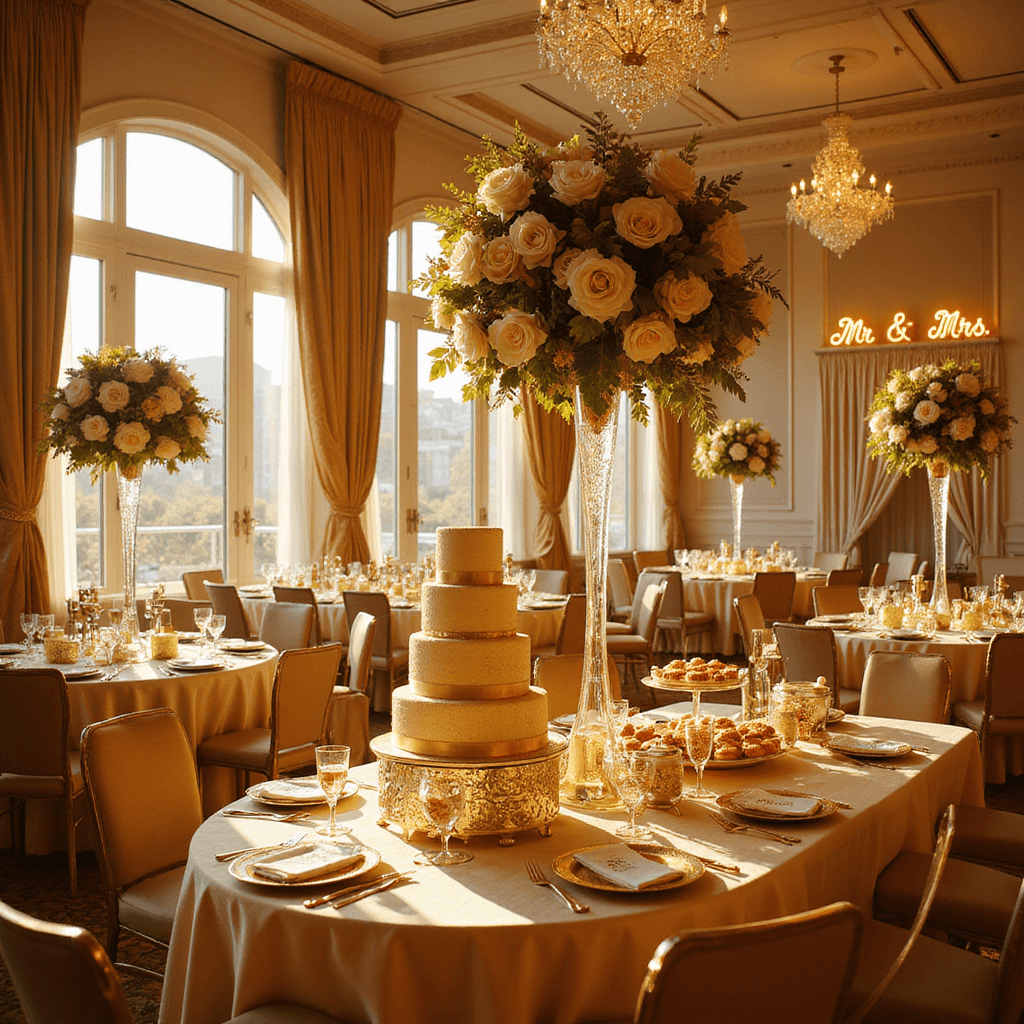 Golden Memories: Creating the Perfect 50th Wedding Anniversary Decorations A wide-angle view of an elegant ballroom for a 50th wedding anniversary, featuring gold and ivory decor, round tables with champagne silk linens, white rose centerpieces, crystal chandeliers, a 'Mr. & Mrs.' neon sign, luxurious place settings, and a lavish dessert table with a tiered golden anniversary cake.