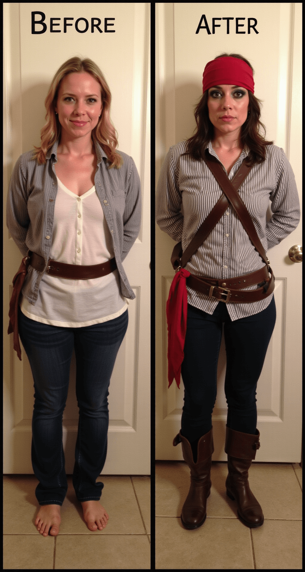 The Ultimate Guide to Rocking a Pirate Halloween Costume (No Drama, All Fun!) Split-frame image depicting a last-minute pirate transformation in a modern bathroom; the left side features casual clothes, while the right showcases the completed pirate look with a striped shirt, improvised bandana, crossed leather belts, and dramatic eye makeup, all under bright, even lighting.