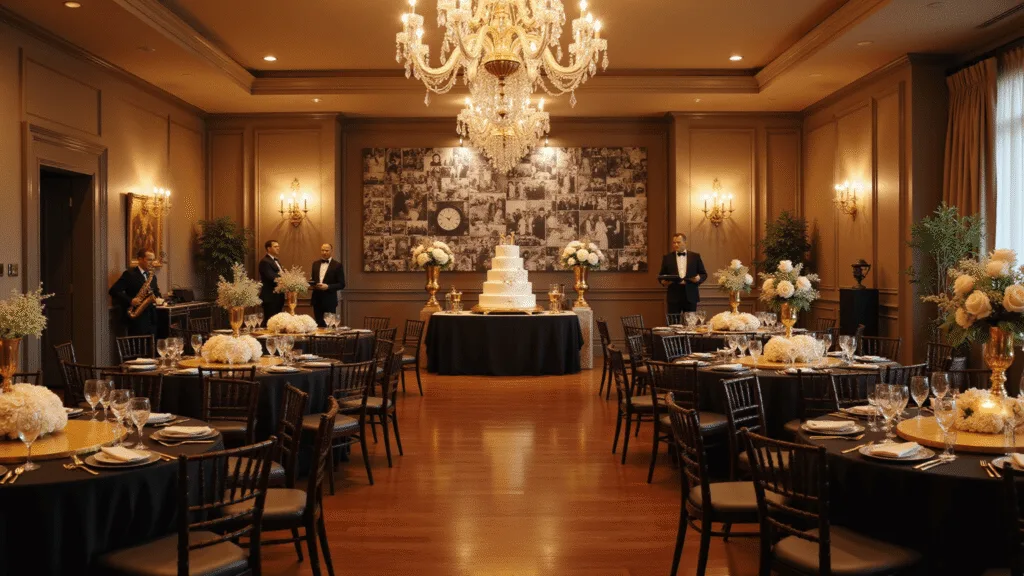 70th Birthday Party Ideas for Dad: A Memorable Celebration Guide Opulent ballroom set for a 70th birthday celebration, featuring elegant black and gold table settings, crystal chandeliers, a photo timeline, a white three-tiered cake, and a live band, all captured in warm golden hour light.