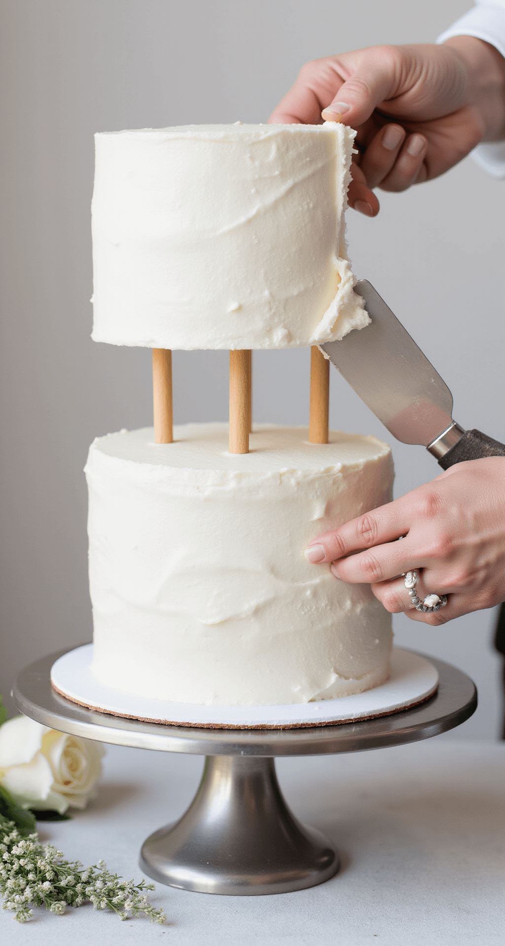 Simple Wedding Cake: Your Perfect DIY Celebration Centerpiece Close-up of hands placing the final tier on a white wedding cake with cream cheese frosting, featuring dowels and an offset spatula. The cake is adorned with fresh roses and baby's breath, set on a silver stand against a neutral background.