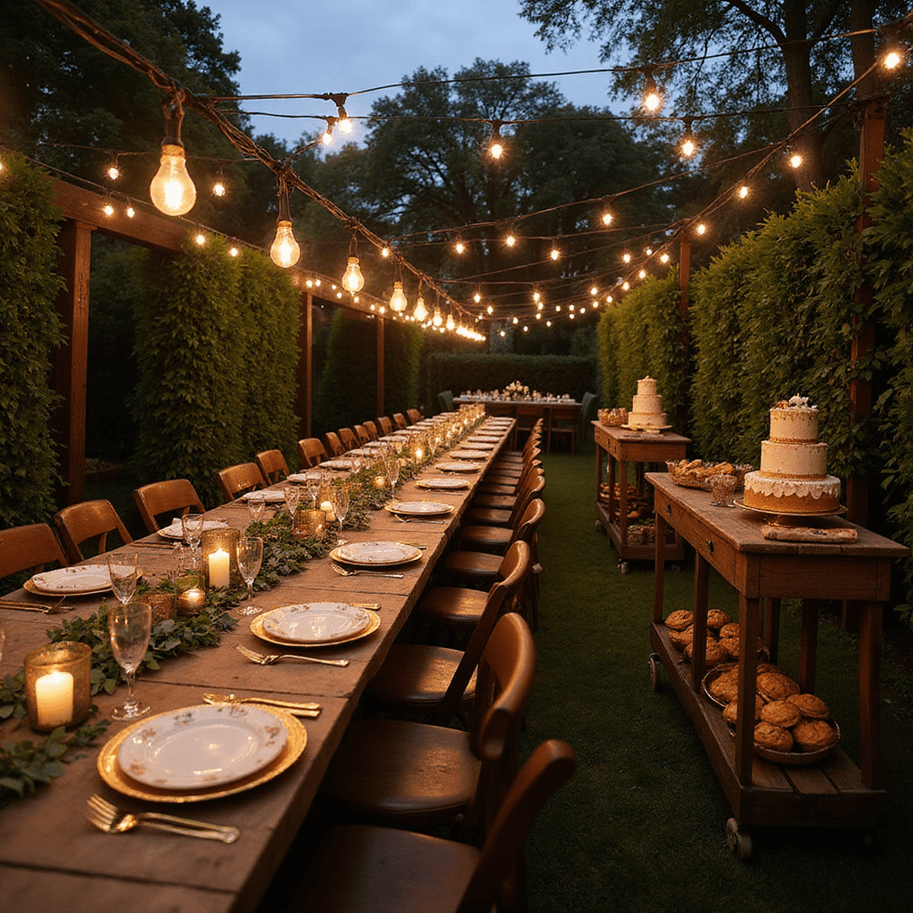 Golden Memories: Creating the Perfect 50th Wedding Anniversary Decorations An intimate garden party at dusk, featuring warmly lit string lights, long farmhouse tables with eucalyptus garlands, vintage photo frames, elegant place settings, and a rustic dessert cart under a twilight sky.