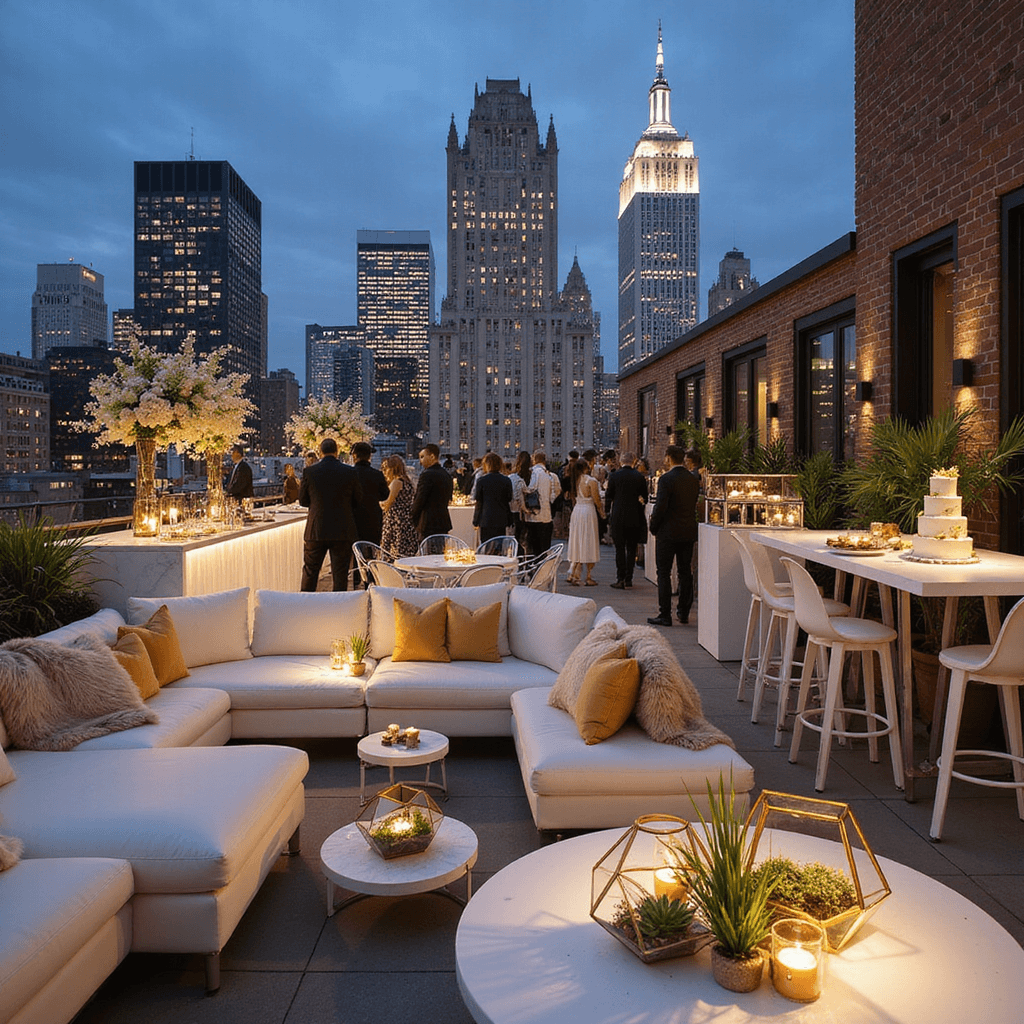Golden Memories: Creating the Perfect 50th Wedding Anniversary Decorations A chic rooftop terrace set for a modern 50th anniversary celebration, featuring sleek white lounge furniture, gold accents, geometric terrariums, a marble bar with floral arrangements, high-top tables with ghost chairs, and a minimalist gold-leaf cake, all illuminated at blue hour with city lights twinkling in the background.