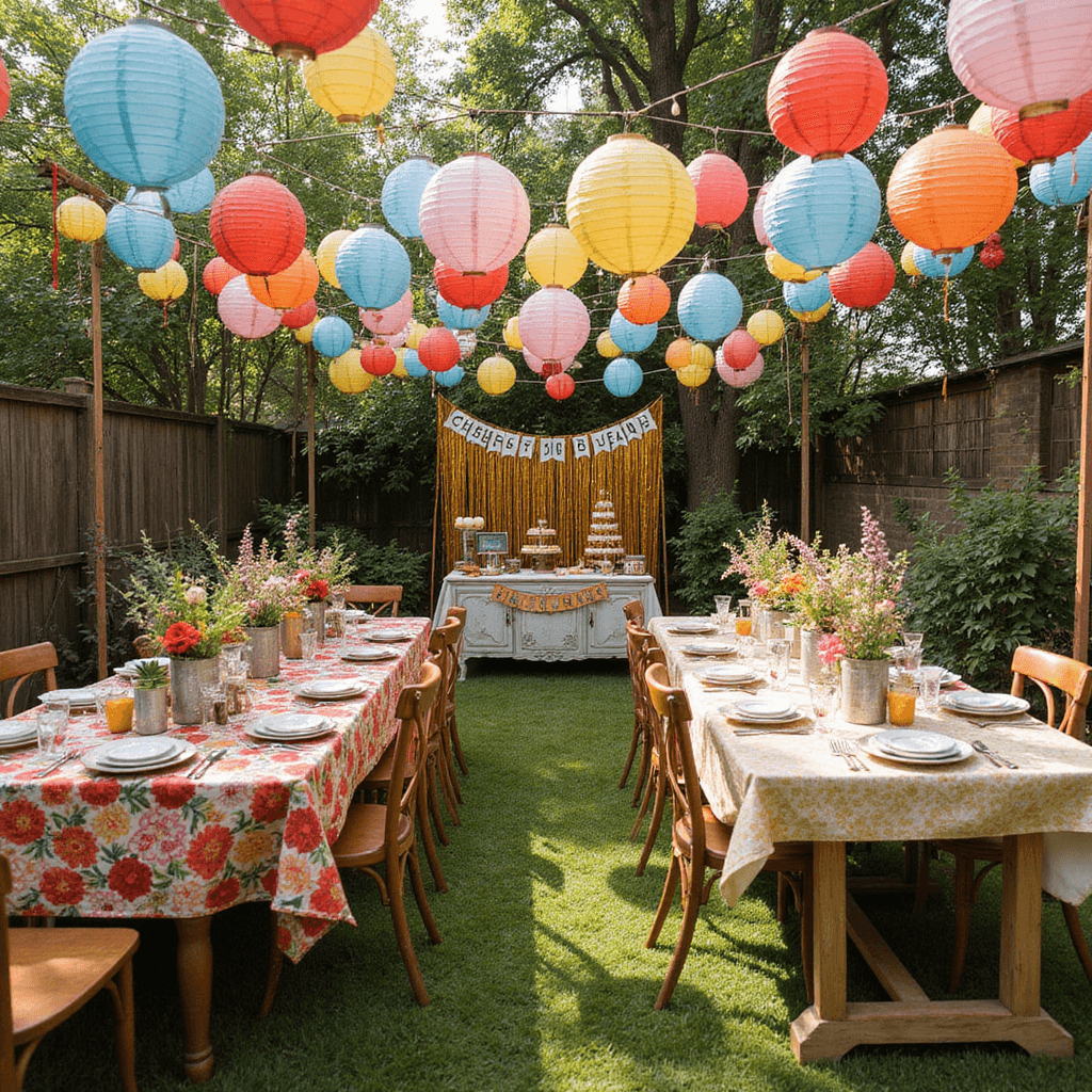 Golden Memories: Creating the Perfect 50th Wedding Anniversary Decorations A vibrant backyard anniversary party decorated with colorful paper lanterns, mismatched vintage tables with floral tablecloths, wildflower centerpieces in gold-painted cans, a gold fringe photo booth, and a dessert table with a 'Cheers to 50 Years' banner and golden cupcakes.