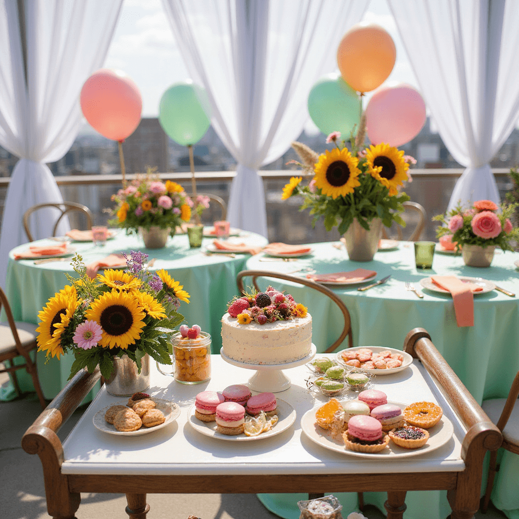 Wedding Flowers: Your Ultimate Guide to Stunning 2025 Celebrations A close-up of a dessert cart filled with colorful macarons, fresh fruit tarts, and a small naked cake decorated with edible flowers, set against a backdrop of sheer white drapes and a city skyline. Round tables with mint green linens and coral napkins are adorned with eclectic floral arrangements, while oversized balloons in sherbet colors bring a playful vibe to the vibrant summer bridal shower on a rooftop terrace.
