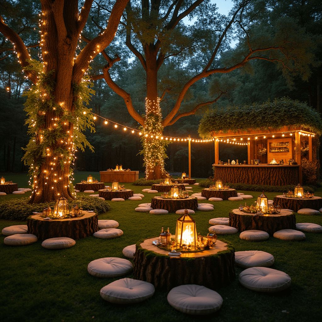Wedding Flowers: Your Ultimate Guide to Stunning 2025 Celebrations An enchanted forest-themed engagement party at twilight, featuring towering trees wrapped in fairy lights, low tables with moss runners and centerpieces of ferns and lanterns, a bar resembling a hollow tree trunk, and a cozy fire pit area surrounded by log seating.