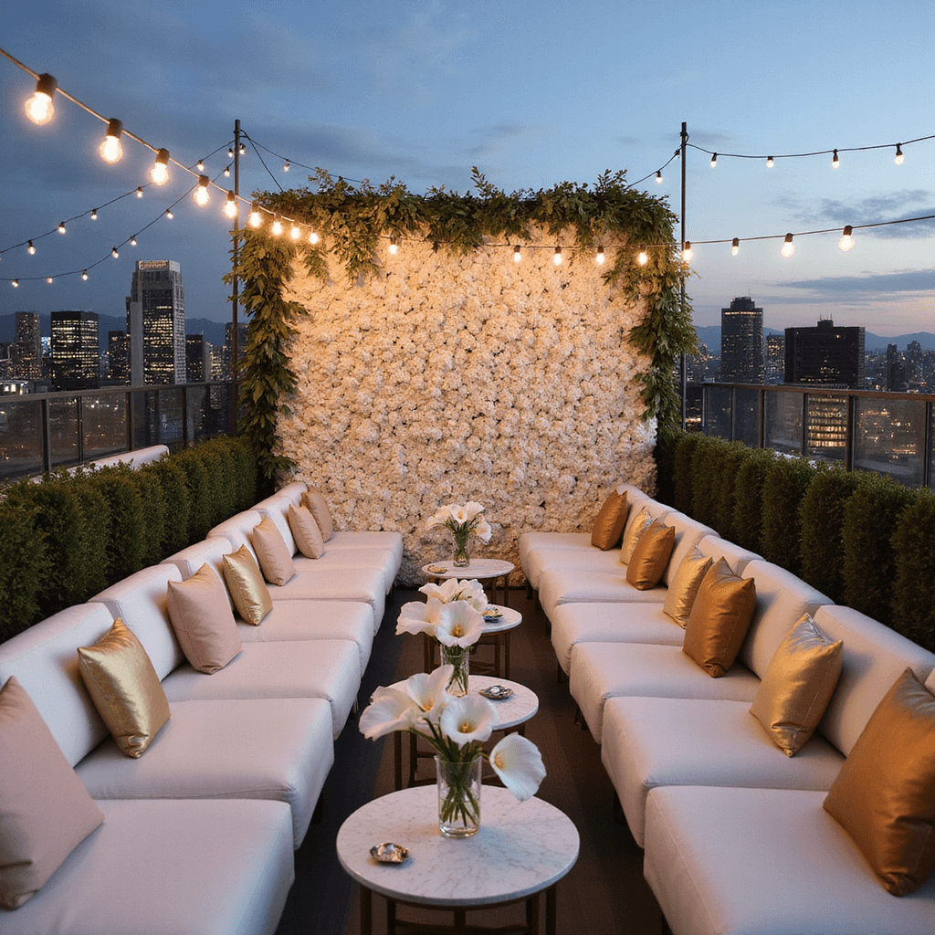 White Wedding Flowers: The Ultimate Guide to Timeless Elegance A chic rooftop celebration at twilight, featuring intimate white lounge furniture with blush pink and gold pillows, minimalist cocktail tables with giant calla lilies, a bar adorned with white orchid garlands, Edison bulb string lights overhead, and a stunning floral photo wall in gradient white to cream.