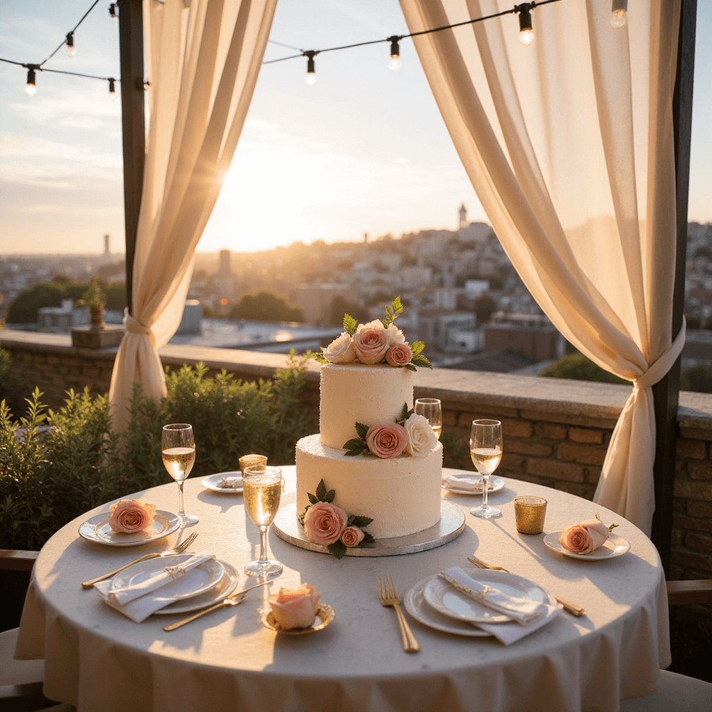 Capturing the Perfect Anniversary Cake: A Comprehensive Guide to Styling and Photography A romantic anniversary celebration on a sun-drenched rooftop terrace at golden hour, featuring a round marble-top table with a 3-tier white buttercream cake adorned with blush and ivory sugar flowers, vintage champagne coupes, gold cutlery, and loose garden roses, framed by flowing sheer ivory drapery and soft string lights illuminating the stunning cityscape.