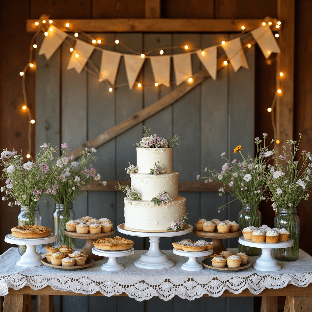 Capturing the Perfect Anniversary Cake: A Comprehensive Guide to Styling and Photography A beautifully styled rustic barn interior for a country anniversary celebration, featuring a 3-tier semi-naked cake with fresh wildflowers, mini pies, and cupcakes on vintage cake stands, surrounded by mason jars of wildflowers, twinkle lights, burlap bunting, and delicate lace accents in warm natural light.